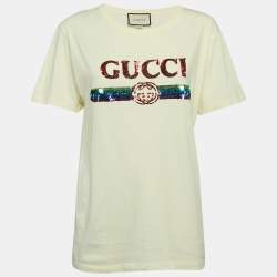 Gucci Light Yellow Logo Embroidered Cotton Oversized T-Shirt XS