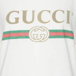 Pre Owned Gucci White Vintage Logo Print Jersey Distressed T-Shirt S