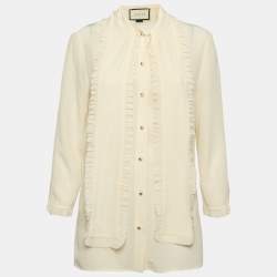 Pre Owned Gucci Off White Silk Ruffle Blouse M