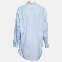 Gucci Blue Striped Cotton Pearl Embellished Collar Shirt M