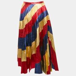  Gucci Red/Blue Coated Leather Plisse Midi Skirt M