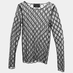 Pre Owned Gucci Black GG Embroidered Tulle Long Sleeve Sheer Top S