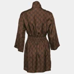 Gucci Brown GG Monogram Print Silk Contrast Tape Trimmed Mini Dress S