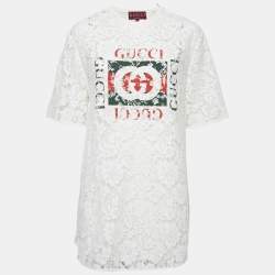 Gucci White Vintage Logo Print Lace Mini Dress M
