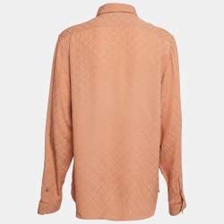Gucci Coral Rose Pink Monogram Jacquard Silk Button Front Shirt L