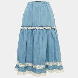 Gucci Blue Lace Trim Chambray Tiered Midi Skirt S