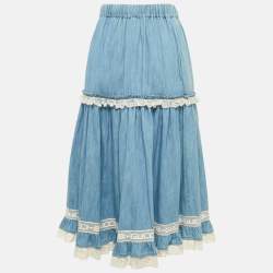 Gucci Blue Lace Trim Chambray Tiered Midi Skirt S