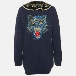 Gucci Navy Blue Embroidered Wool Pearl Detail Button Front Cardigan XS