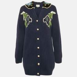 Gucci Navy Blue Embroidered Wool Pearl Detail Button Front Cardigan XS