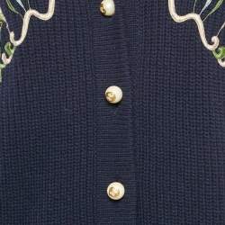 Gucci Navy Blue Embroidered Wool Pearl Detail Button Front Cardigan XS