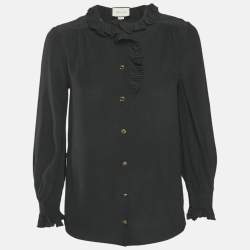 Gucci Black Silk Ruffled Long Sleeve Shirt M