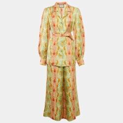 Gucci Green/Orange Floral Print Silk Shirt and Pants Set L