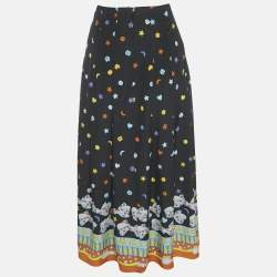 Gucci Blck Printed Silk Pleated Midi Skirt M