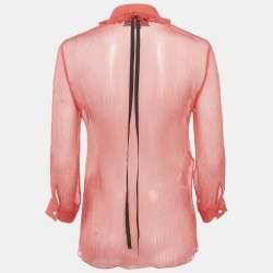 Pre Owned Gucci Pink Silk Chiffon Ruffle Neck Detail Button Front Sheer Top M