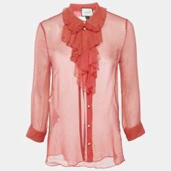 Gucci Pink Silk Chiffon Ruffle Neck Detail Button Front Sheer Top M
