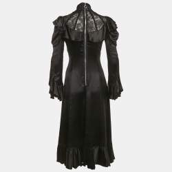 مملوكة مسبقًا Gucci Black Lace Trim Satin Ruffled Midi Dress S