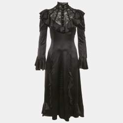 Gucci Black Lace Trim Satin Ruffled Midi Dress S