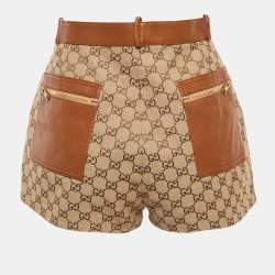 Pre Owned Gucci Beige GG Canvas Leather Trimmed Shorts XL