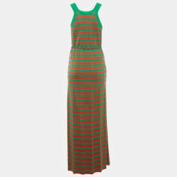 Pre Owned Gucci Green/Red Striped Rib Knit Belted Maxi Dress S