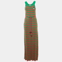 Gucci Green/Red Striped Rib Knit Belted Maxi Dress S