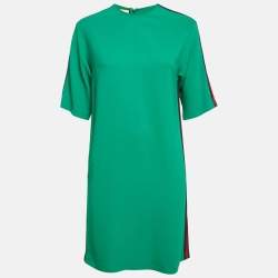 Gucci Green Crepe Web Stripe Trim Detail Mini Dress S