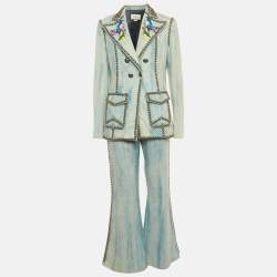 Gucci Blue Embroidered Denim Stud Detail Jacket and Jeans Set L/M