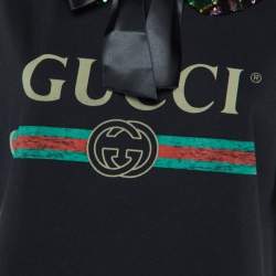 Pre Owned Gucci Black Logo Print Sequined Embellished Collar T-Shirt XS