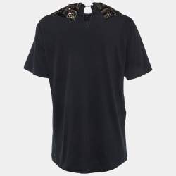 Pre Owned Gucci Black Logo Print Sequined Embellished Collar T-Shirt XS