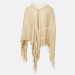 Pre Owned Gucci Beige Fur Trim Lamé Wool Poncho One Size 