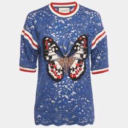 Pre Owned Gucci Blue Butterfly Applique Lace Crewneck T-Shirt L