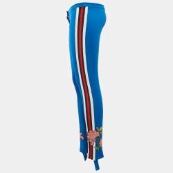Pre Owned Gucci Blue Floral Applique Jersey Stirrup Trousers XS