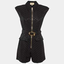 Pre Owned Gucci Black GG Jacquard Faille Belted Playsuit S