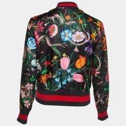 Pre Owned Gucci Black Floral Printed Silk Bomber Jacket S 