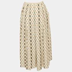 Pre Owned Gucci Cream Lips Print  Silk Pleated Midi Skirt S