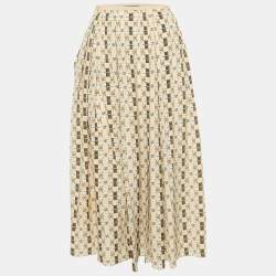 Pre Owned Gucci Cream Lips Print  Silk Pleated Midi Skirt S