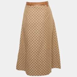 Pre Owned Gucci Brown GG Canvas Pleated Midi Dress S
