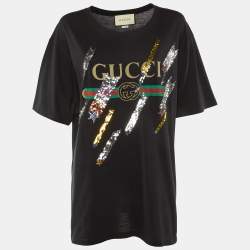 Pre Owned Gucci Black Logo Printed Cotton Knit Sequin Embellished T-Shirt XL