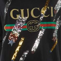 Pre Owned Gucci Black Logo Printed Cotton Knit Sequin Embellished T-Shirt XL