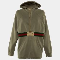 Pre Owned Gucci Grey Cotton Knit Logo Stripe Detail Oversized Hoodie XS