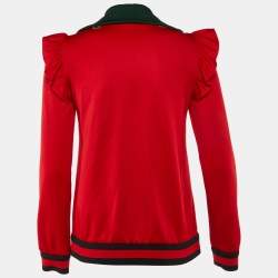 Pre Owned جاكيت غوتشي قطن بليد حياكة أحمر بتفاصيل رقعة زهرية وسحاب مقاس صغير - سمول