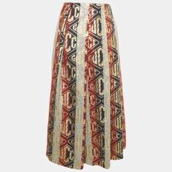 Pre Owned Gucci Multicolor Lamé Logo Wool Blend Pleated Midi Skirt XS