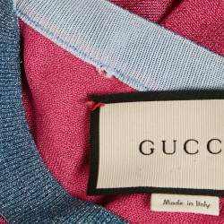 Pre Owned Gucci Pink/Blue Tiger Intarsia Lamé Knit Crew Neck Pullover XL