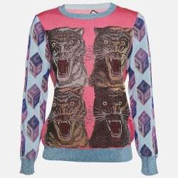 Pre Owned Gucci Pink/Blue Tiger Intarsia Lamé Knit Crew Neck Pullover XL