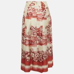 Pre Owned Gucci Cream/Red Floral Print Silk Pleated Midi Skirt M