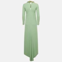 Pre Owned فستان غوتشي ماكسي حرير أخضر نعناعي بأكمام طويلة مزين عند الرقبة مقاس صغير - سمول