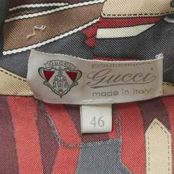 Pre Owned Gucci Vintage Grey Printed Silk Neck Tie Detail Blouse L