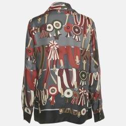 Pre Owned Gucci Vintage Grey Printed Silk Neck Tie Detail Blouse L