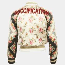 Pre Owned Gucci Beige Silk Guccification Bomber Jacket XS