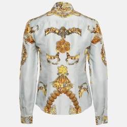 Pre Owned Gucci Blue Shell Print Silk Button Front Shirt S