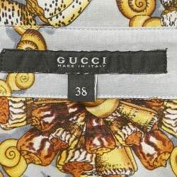 Pre Owned Gucci Blue Shell Print Silk Button Front Shirt S